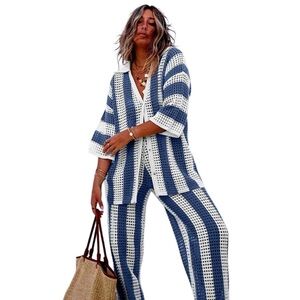 Beach Contrast Stripe Polo Collar Hollow Knitted Sweater Set